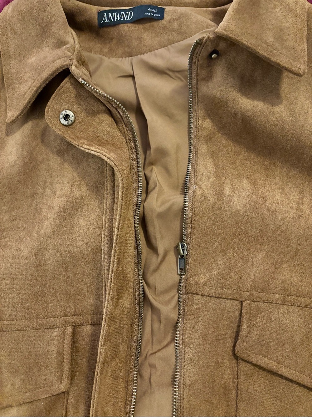ANWND Chestnut Suede Bomber Jacket Oversized Faux Leather Aviator Moto - Picture 5 of 6